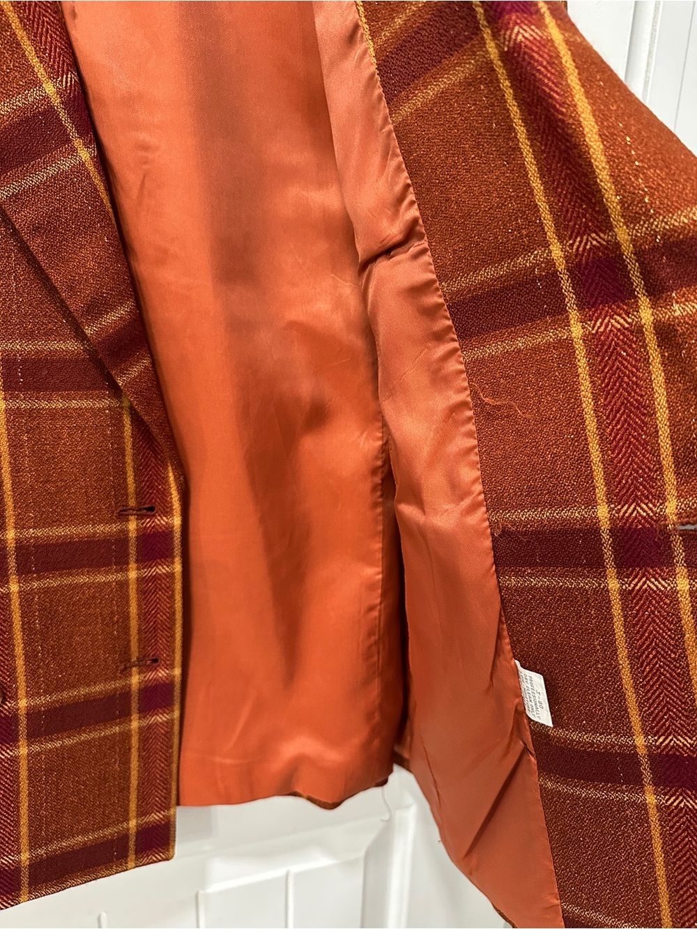 Liz Claiborne Vintage Wool & Silk Blend Burnt Orange and Mustard Plaid Blazer - Picture 4 of 8